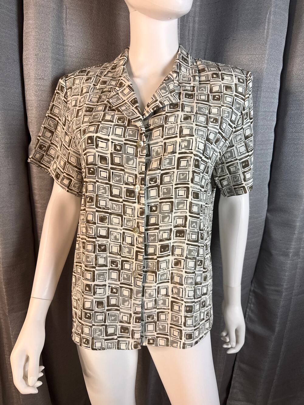 Retro Brown/Gray Polyester Crepe Blouse Sz M-L